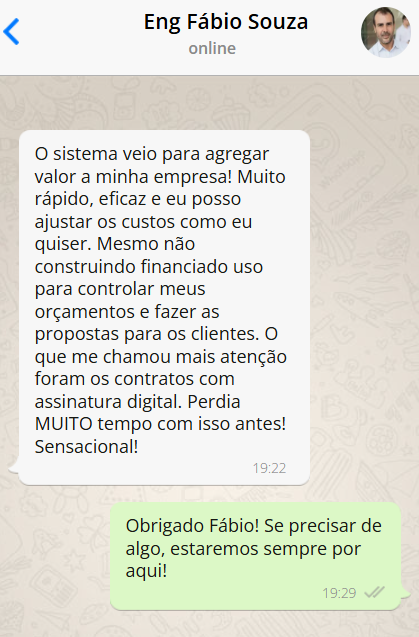 Depoimento de cliente do Obra Master PRO sobre orçamento de obra