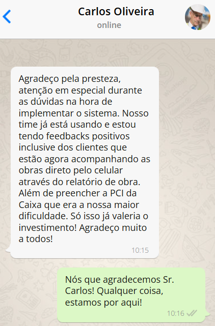 Depoimento de cliente do Obra Master PRO sobre o diário de obra