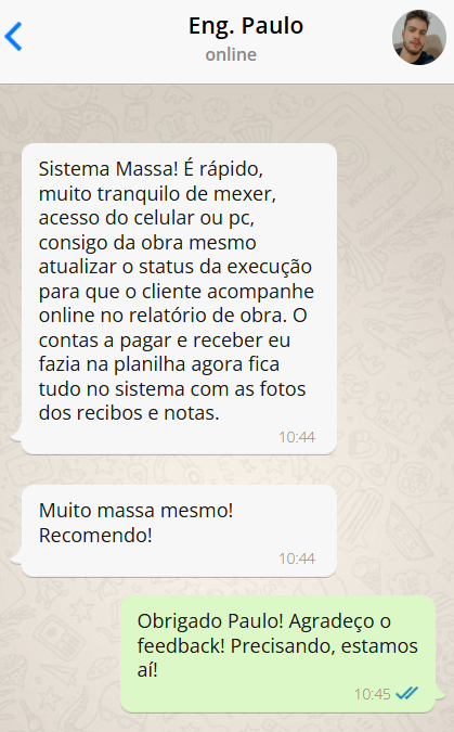 Depoimento de cliente do Obra Master PRO sobre organização das obras