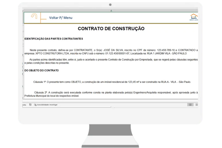 Contrato de construção gerado pela planilha