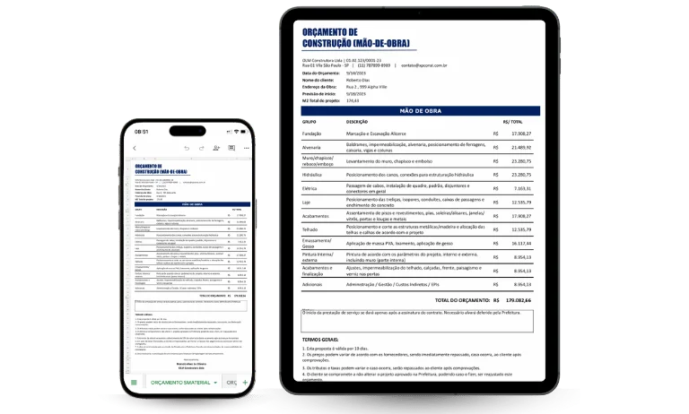 Planilha de orçamento de obra para celular e tablet